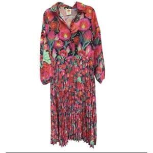 Farm Rio Dress Womens Small Black Pink Floral Pleated Maxi Button Anthropologie